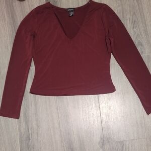 Deep Red Long Sleeve V-Neck Top